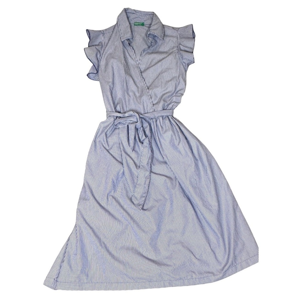 United Colors of Benetton Blue White Striped Wrap Midi Dress Ruffle Sleeve Small